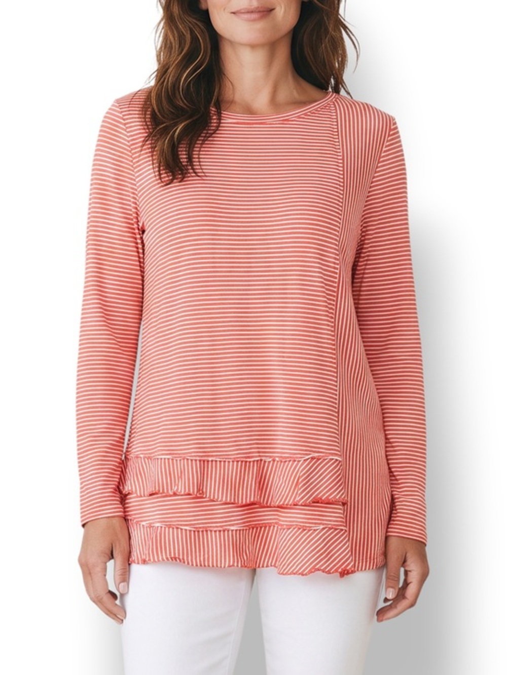 4/$20 Soft Surroundings Coral White Striped Ruffle Hem Top Petite Medium